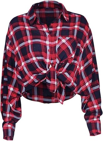 Sorrica Womens Casual Loose Batwing Sleeve Plaid Button Down Shirts Tie Front Crop Top Boyfriend Blouse at Amazon Women’s Clothing store