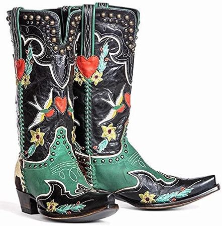 Amazon.com | Womens Rhinestone Knee High Western Boots Hollow Out Pointed Toe Stacked Chunky Heeled Cowboy Boot | Knee-High