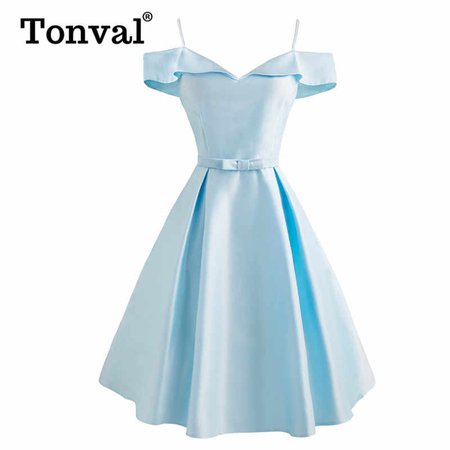 Tonval Vintage Silky Light Blue Bow Front Cold Shoulder Solid Dress Women Spaghetti Strap Elegant Ladies Party Dresses|Dresses| - AliExpress