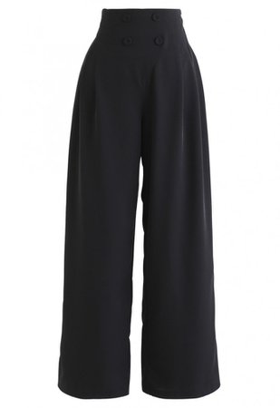 Button Embellished Wide-Leg Pants in Black - NEW ARRIVALS - Retro, Indie and Unique Fashion