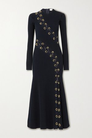 Navy Lace-up leather-trimmed ribbed-knit midi dress | Alexander McQueen | NET-A-PORTER