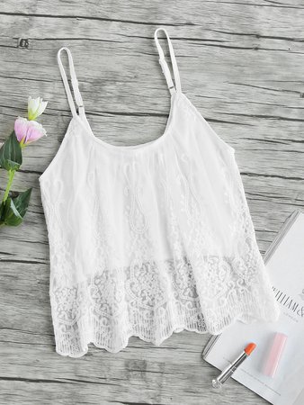 Scallop Embroidered Mesh Overlay Cami Top