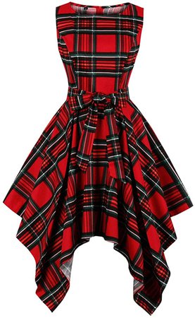Wellwits Women's Red Plaid Print High Low Irregular Hem Xmas Vintage Dress