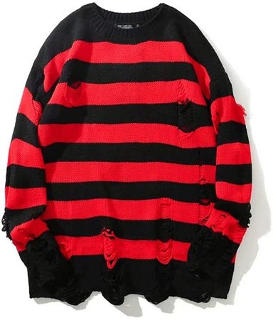 Black Red Striped Sweaters Men Oversized Ripped Hole Knit Pullover