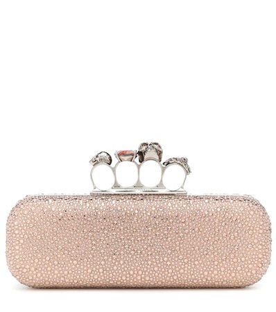 Four-ring embellished suede clutch