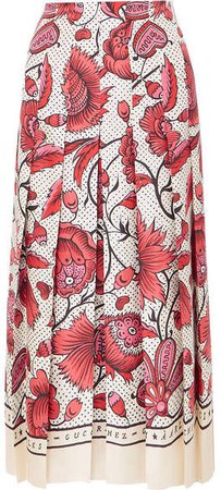 Pleated Floral-print Silk-twill Skirt - Red