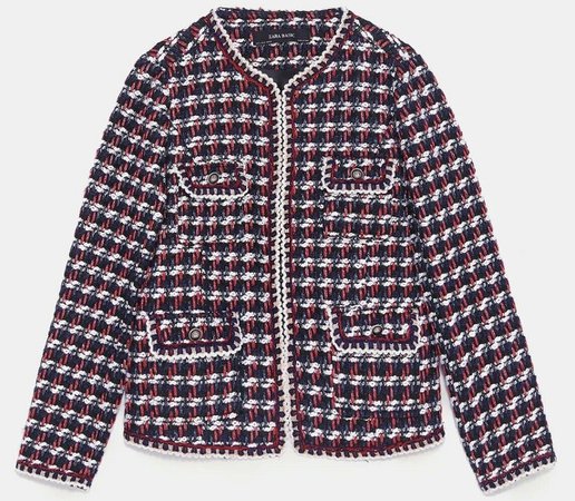 ZARA AW18 NAVY Blue Red White Tweed Blazer Bouckle Jacket Size M - $71.68 | PicClick