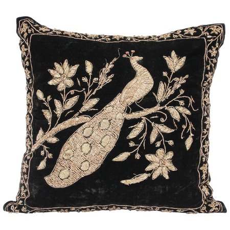 Black Velvet Throw Pillow Embroidered with Metallic Gold Threads For Sale at 1stdibs