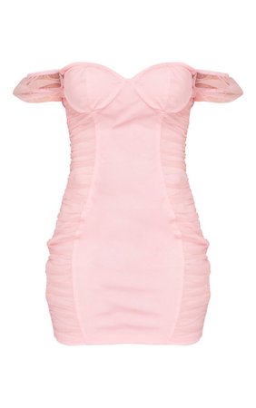 Pink Mesh Ruched Bardot Sleeve Bodycon Dress | PrettyLittleThing USA