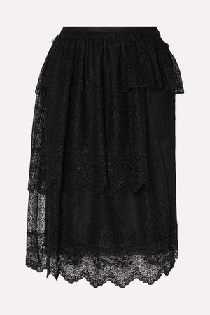 Tiered Ruffled Corded Lace Midi Skirt - Black