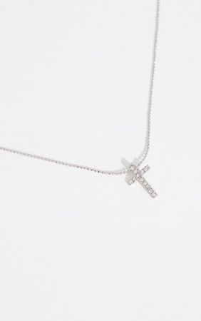 Silver Diamante Mini Cross Necklace | PrettyLittleThing USA