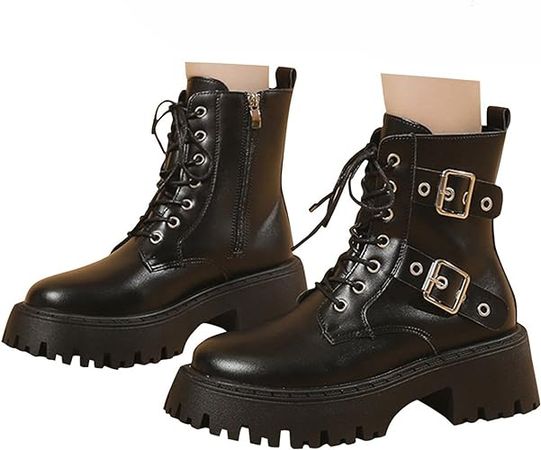 Amazon.com: Crzidha Buckle Strap Ankle Boots for Women,Chunky Bottom Flat Ankle Boots,Lace Up Buckle Strap Riding Boots,Waterproof Leather Steampunk Goth Boots,Fashion Motorcycle Boots : Sports & Outdoors