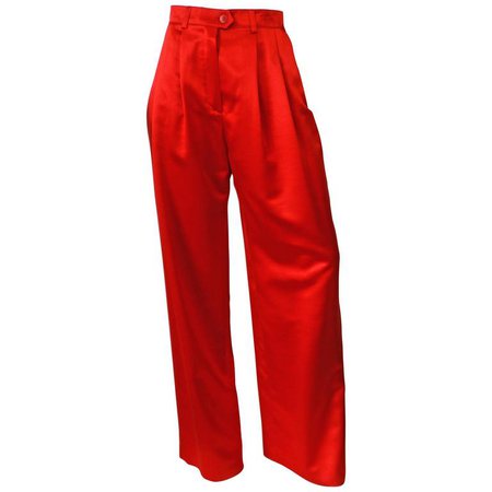 1980s Escada Couture Red Silk Wide Leg Trouser For Sale at 1stdibs