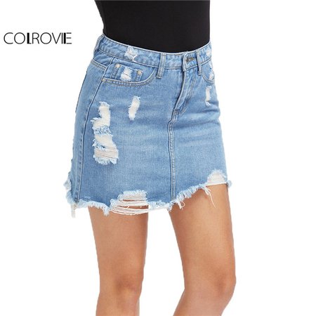COLROVIE Casual High Waist Denim Skirt Blue Light Wash Women Distressed Mini Pencil Skirt 2017 Sexy Ripped 5 Pocket Summer Skirt-in Skirts from Women's Clothing & Accessories on Aliexpress.com | Alibaba Group