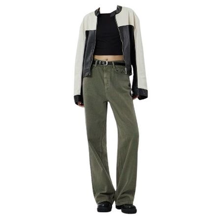 off white black leather jacket crop top tee t shirt belt olive army green jeans pants shoes full outfit png