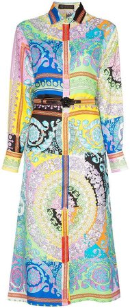 Long-sleeve patterned belted silk shirt dress