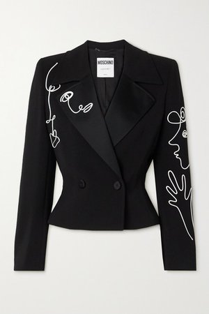 MOSCHINO Cropped double-breasted satin-trimmed piped crepe blazer