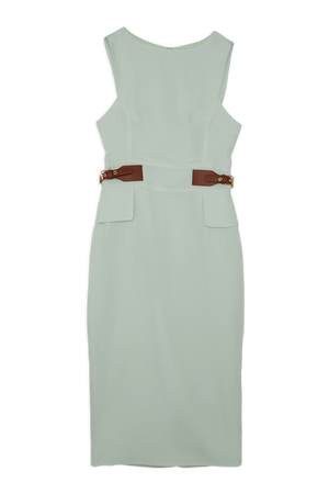 Premium Tailored Linen Tab Waist Pencil Midi Dress | Karen Millen