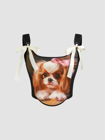 Square Neck Dog Graphic Bowknot Crop Tank Top - Cider