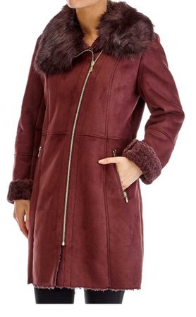 Burgundy fur collar asymmetrical coat