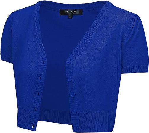 YEMAK Women's Cropped Bolero Cardigan – Short Sleeve V-Neck Basic Classic Casual Button Down Knit Soft Sweater Knitted Top HB2137-RBL-L Royal Blue at Amazon Women’s Clothing store