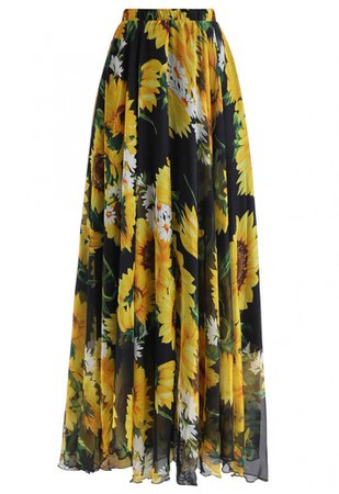 Blooming Sunflower Watercolor Maxi Skirt in Black - Skirt - BOTTOMS - Retro, Indie and Unique Fashion