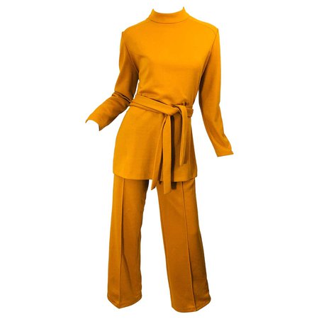 1970s Marigold Mustard Yellow Four Piece Vintage 70s Knit Shirt + Pants + Belt For Sale at 1stDibs