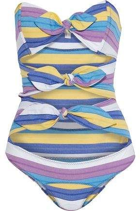 Triple Poppy Knotted Striped Stretch-cotton Swimsuit