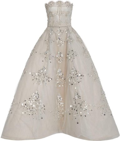Oscar de la Renta Strapless Embellished Tulle Gown