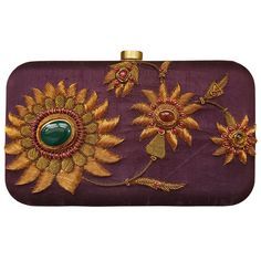 Purple silk clutch hand embroidered with zardozi work and inlaid with stones, floral hard case clutch, designer exclusive evening bag