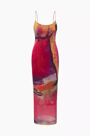 Abstract Print Mesh Maxi Dress – Micas