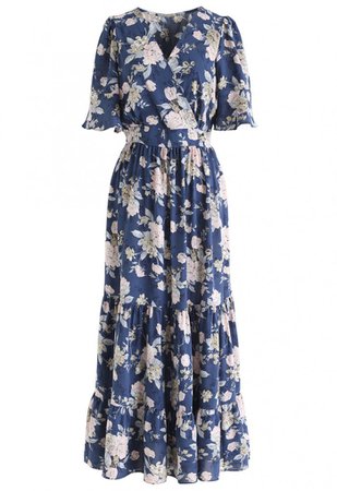 Demure Floral Print Wrapped Maxi Dress in Navy - NEW ARRIVALS - Retro, Indie and Unique Fashion