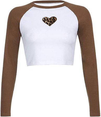 Amazon.com: Women Girls Y2K Gothic Heart Print Crop T Shirts Tops Long Sleeve Slim Fit Crop Tee Top E-Girl 90S Streetwear (Brown, M): Clothing