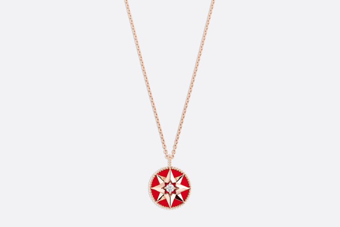 Rose des vents medallion necklace, 18k pink gold, diamond and red lacquered ceramic - Jewellery - Women's Fashion | DIOR