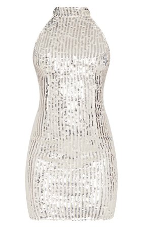 *clipped by @luci-her* Silver Sequin High Neck Bodycon Dress | PrettyLittleThing USA