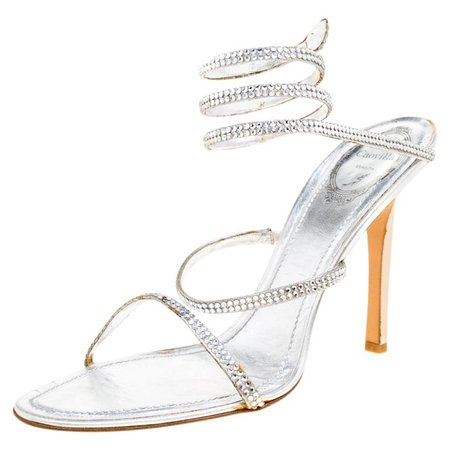 René Caovilla Metallic Silver Crystal Embellished Ankle Wrap Sandals Size 41 For Sale at 1stdibs