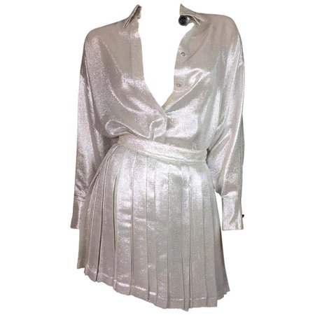S/S 1994 Gianni Versace Silver Button Down Blouse and Pleated Skirt Set For Sale at 1stdibs