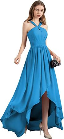 Halter Bridesmaid Dresses for Women High Low Chiffon Long Formal Evening Gown with Pockets