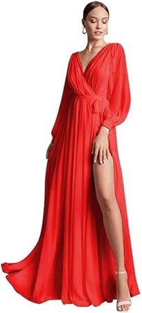 Amazon.com: MARSEN Long Sleeve Formal Dress Slit V Neck Chiffon Bridesmaid Dresses for Wedding Maxi Dress : Clothing, Shoes & Jewelry