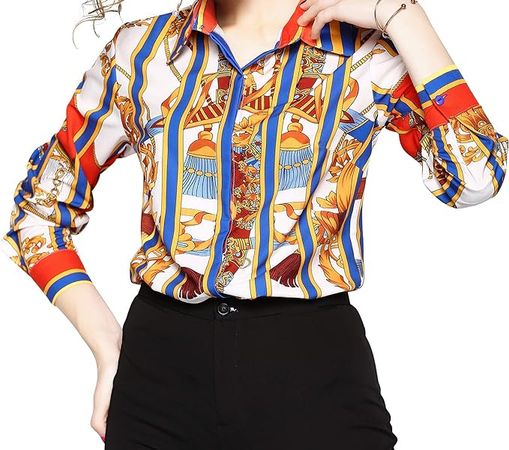 Womens Stripes and Baroque Shirts Casual Long Sleeve Button-Down Blouse at Amazon Women’s Clothing store