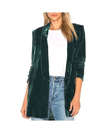 Womens Velvet Blazer Cozy Lightweight Outerwear Retro Buttons Long Sleeve Pokets Jacket Cardigan Coat Office Blazers Green at Amazon Women’s Clothing store