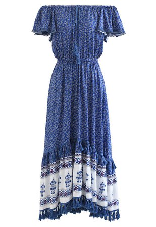 Boho Floret Printed Flutter Sleeves Maxi Dress in Blue - Retro, Indie and Unique Fashion