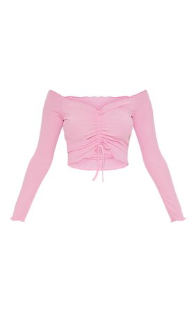 Pink Rib Frill Long Sleeve Bardot Top | Tops | PrettyLittleThing USA
