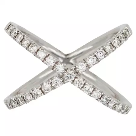Diamond X Criss Cross Pave Cocktail Fashion Open Bypass 14 Karat White Gold Ring For Sale at 1stDibs