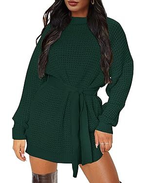 ZESICA Women's 2023 Fall Long Sleeve Solid Color Waffle Knitted Tie Wasit Tunic Pullover Sweater Dress,Army Green,Small at Amazon Women’s Clothing store