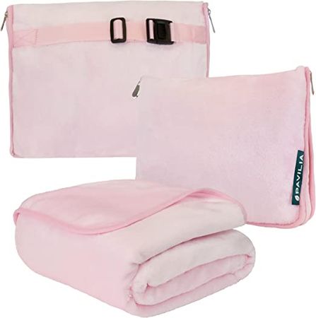 Amazon.com: PAVILIA Travel Blanket and Pillow, Dual Zippers, Clip On Strap, Warm Soft Fleece 2-in-1 Combo Blanket Airplane, Camping, Car, Large Compact Blanket Set, Luggage Backpack Strap, 60 x 43 (Blush Pink) : Home & Kitchen