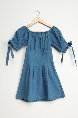 Medium Wash Denim Dress - Cute OTS Dress - Puff Sleeve Mini Dress