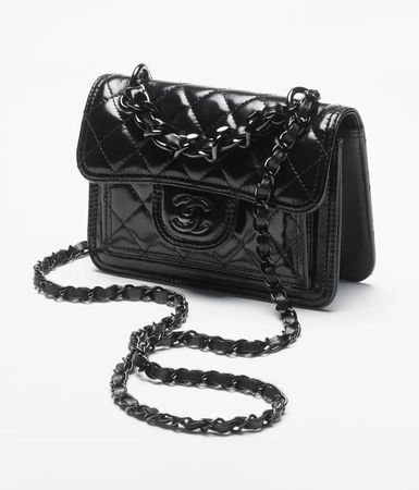 Mini flap bag, Shiny crumpled calfskin & black metal, black — Fashion | CHANEL