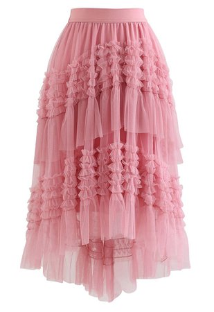 Ruffle Tiered Hi-Lo Mesh Tulle Skirt in Pink - Retro, Indie and Unique Fashion