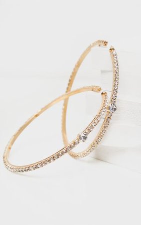 Gold Crystal Diamante Large Hoop Earrings      | PrettyLittleThing